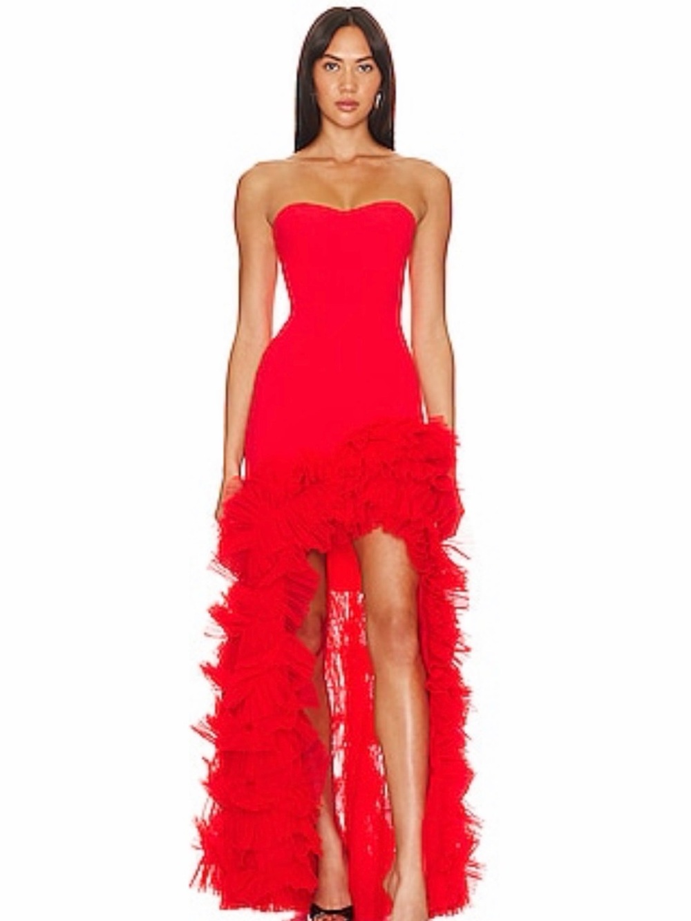 BCBG Strapless Red High-Low Ruffle Gown